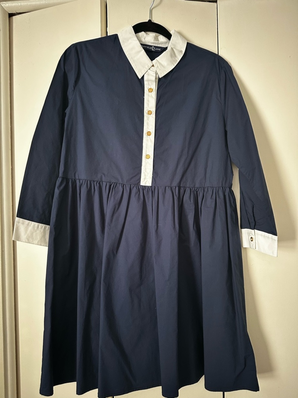 Duffield Lane Navy Blue Dress with white & gold accents